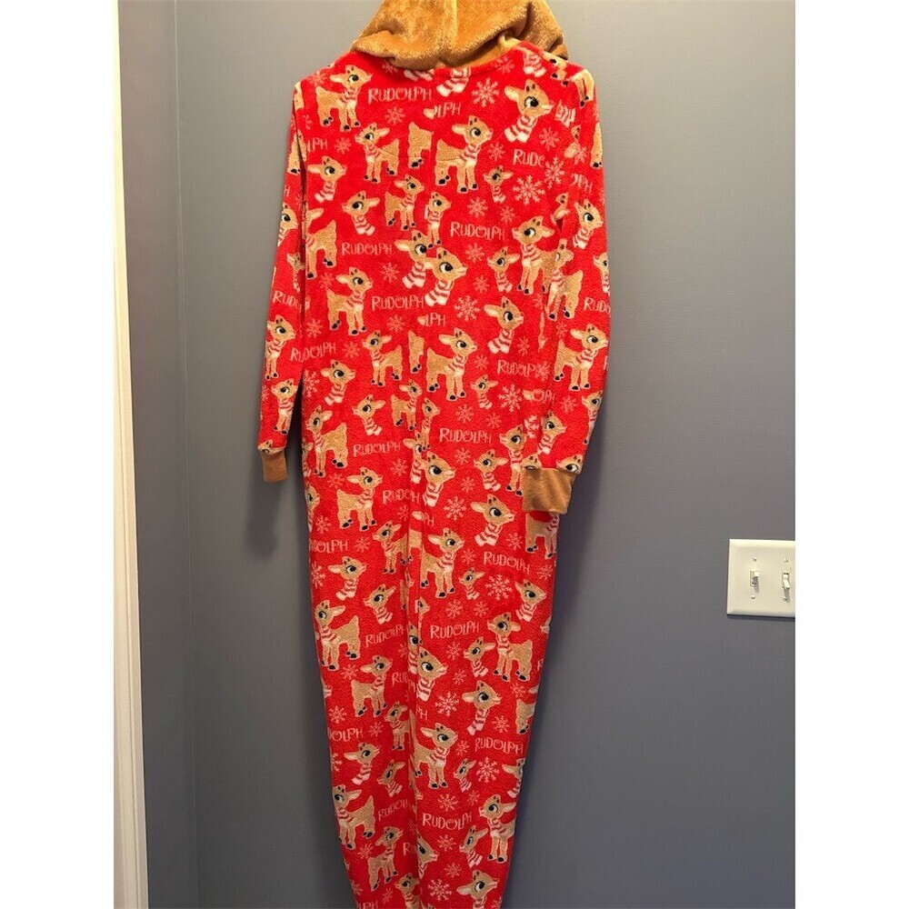 Rudolph Womens Hooded Zip One Piece Pajama Onesie Red Print Size 12-14 - Picture 10 of 11